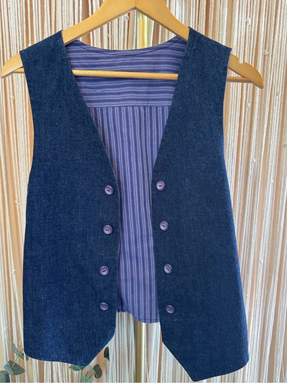 Vintage pinstripe denim jean vest waistcoat dark-wash reversible Small